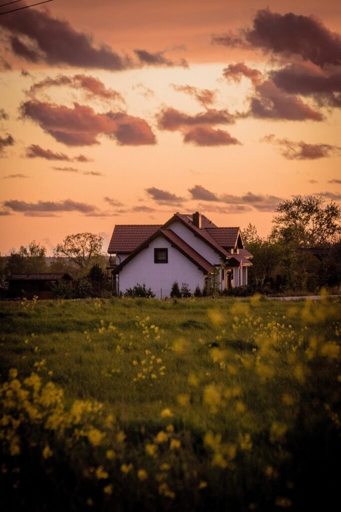 house, meadow, beautiful flowers, grass, flower background, flowers, home, building, spring, field, nature, sky, flower wallpaper, clouds